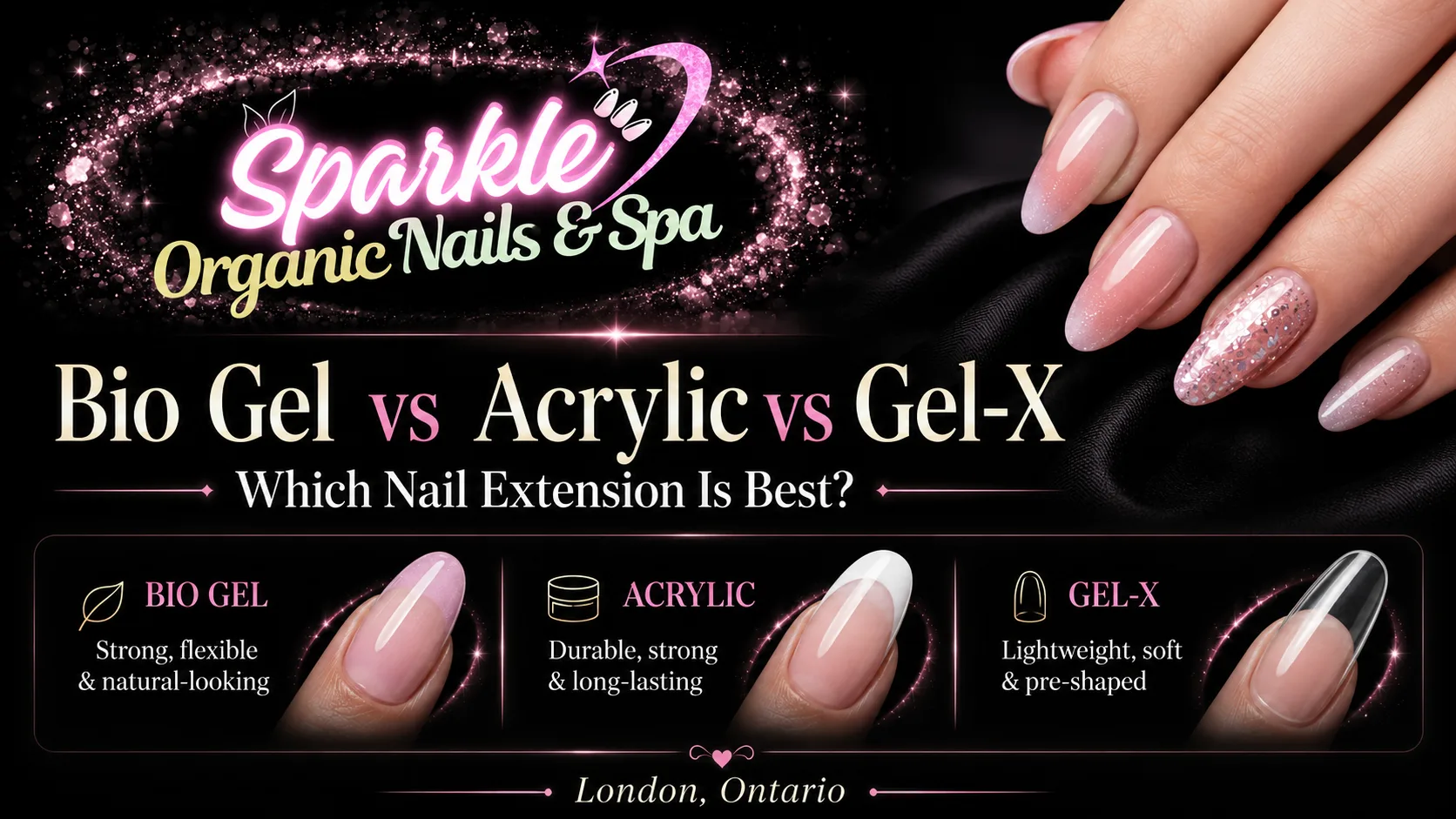 Bio Gel vs Acrylic vs Gel-X nail extension comparison at Sparkle Organic Nails & Spa in London Ontario
