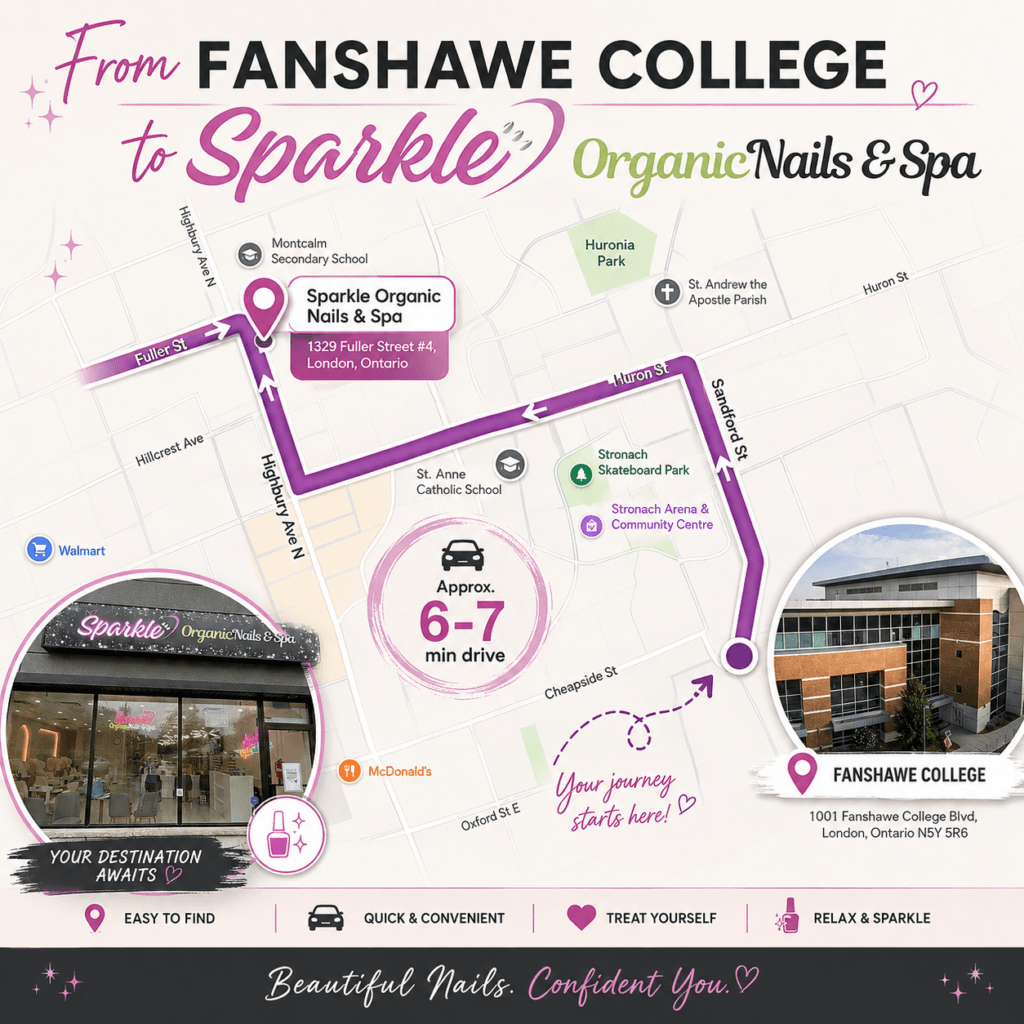 Directions from Fanshawe College to Sparkle organic nails & spa
