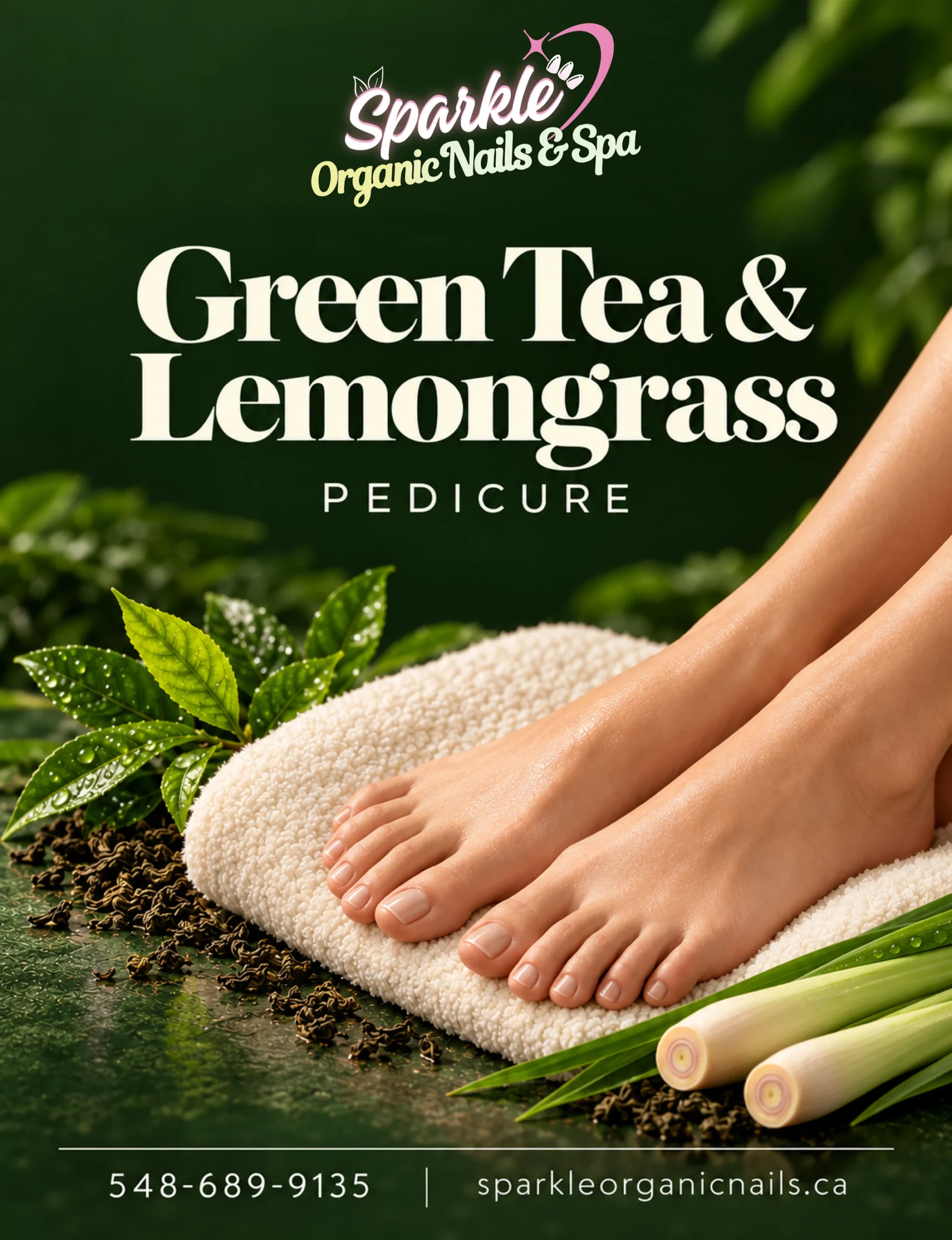 Green tea lemon grass pedicure at sparkle organic nails & spa, featuring green tea leaves and lemongrass.