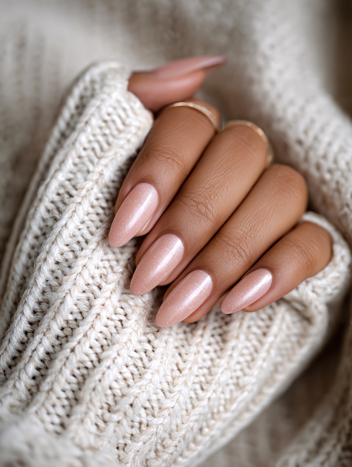 Almond-shaped nails with pale pink glitter polish against a cream sweater