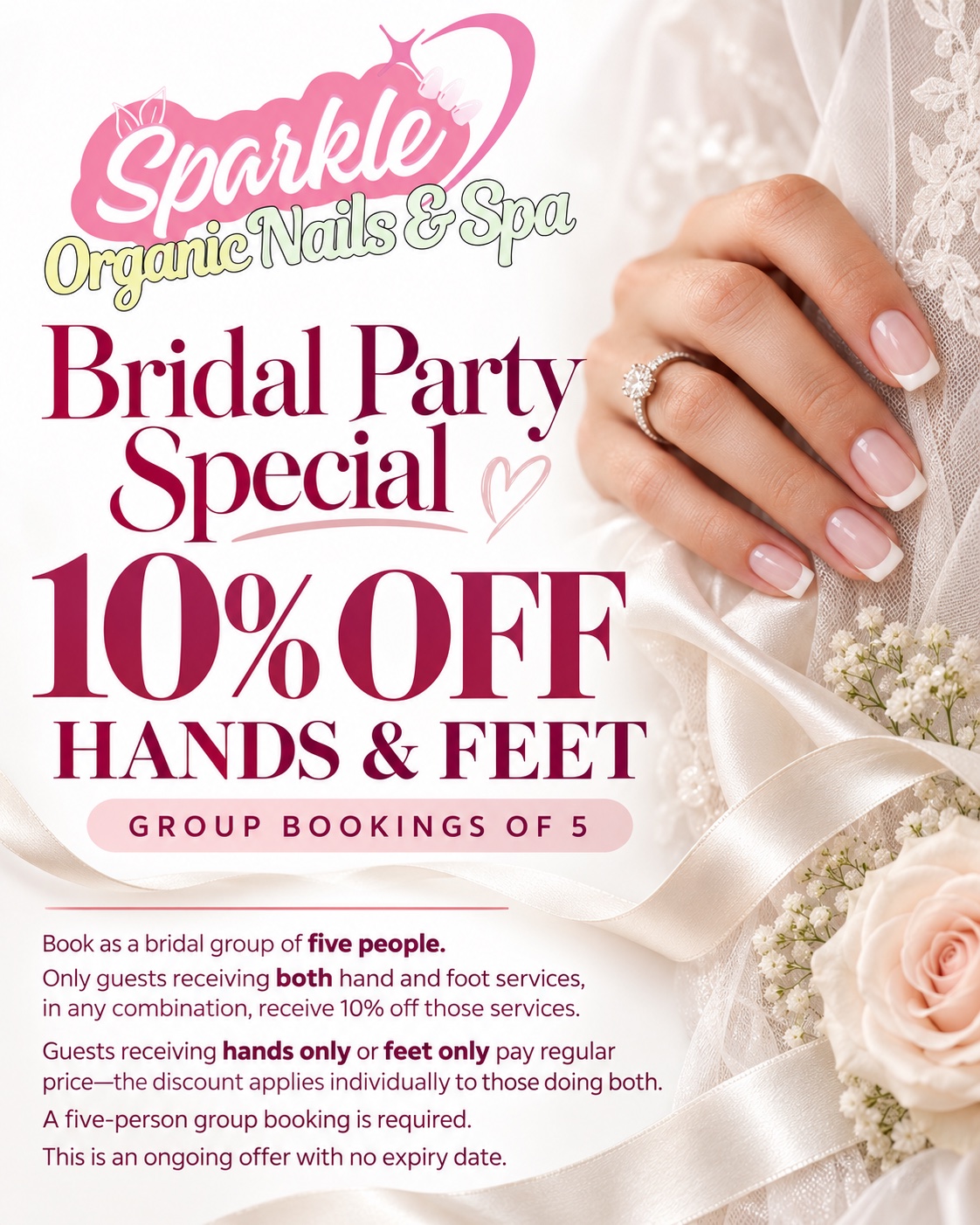 Sparkle bridal party special: 10% off hand and foot services for eligible guests in a group booking of five