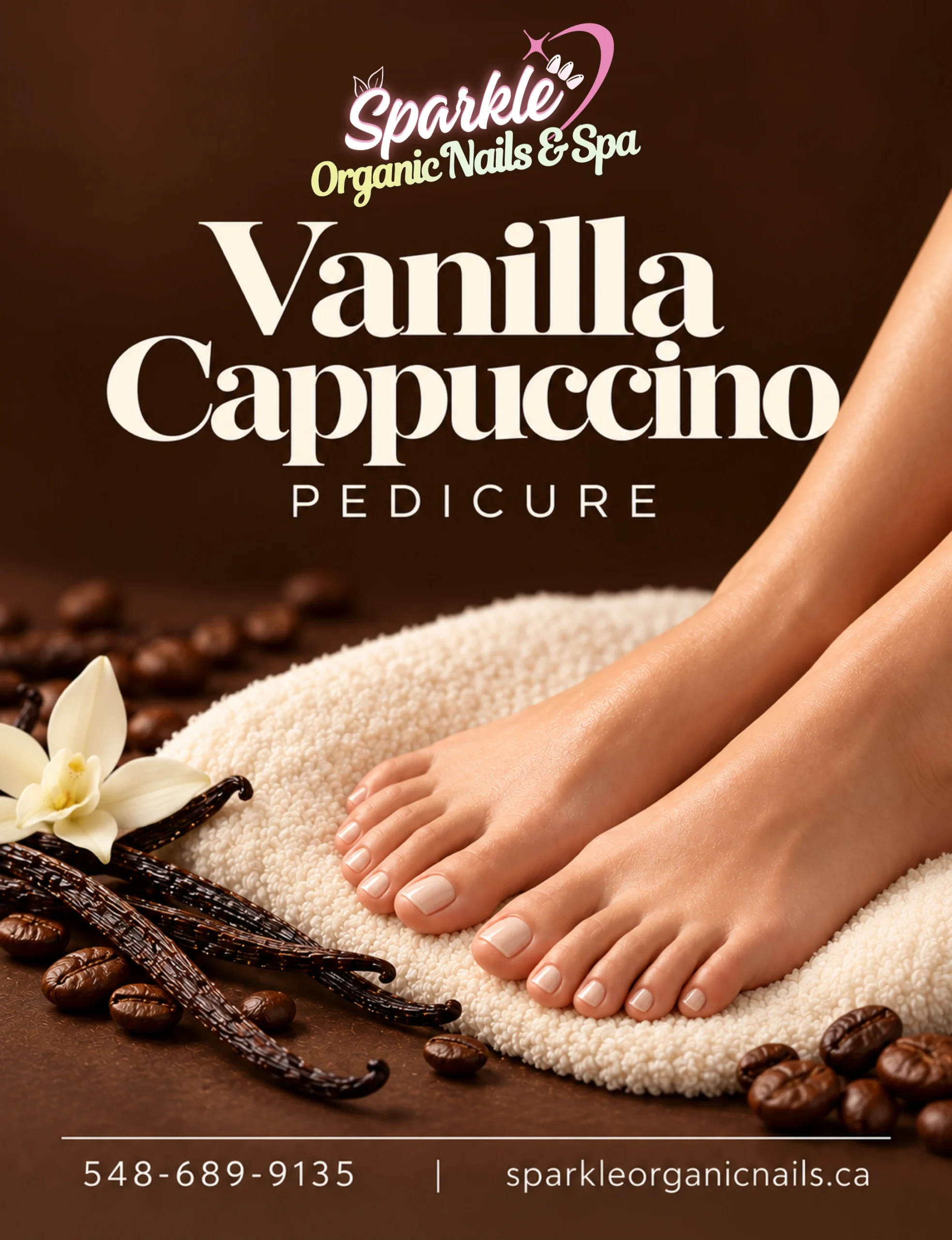 Vanilla cappuccino pedicure at sparkle organic nails & spa, featuring vanilla pods, a vanilla flower and coffee beans.